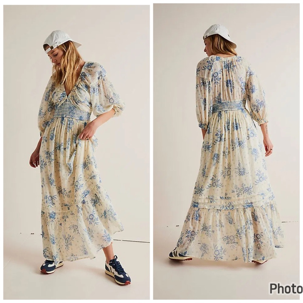 Free People Golden Hour Maxi In Tea Combo Floral Blue Cream XS